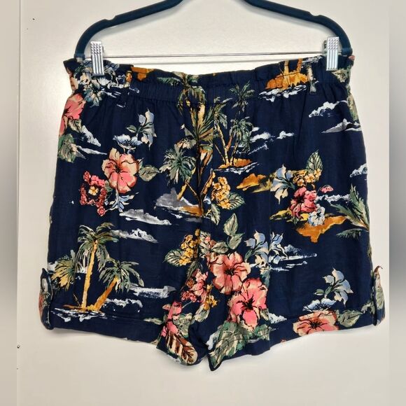 Time & True Linen Rayon Blend Hawaiian Print High-Waist Shorts Sz L - Picture 3 of 6